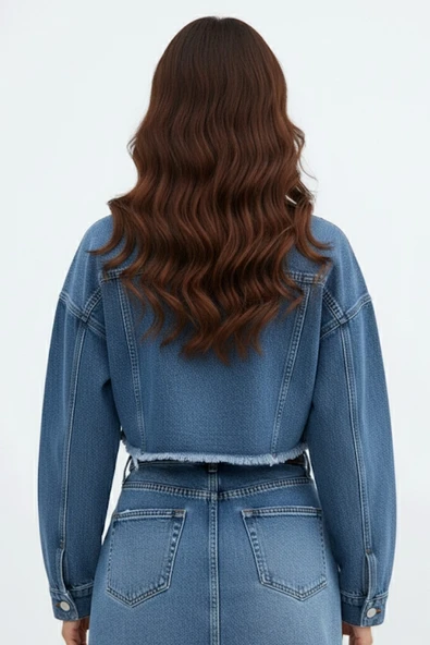 Kadın Mavi Astar Detaylı Saçaklı Uzun Kol Crop Kısa Kot Ceket 25KCKT6016 - 4