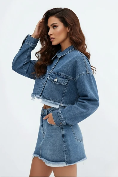 Kadın Mavi Astar Detaylı Saçaklı Uzun Kol Crop Kısa Kot Ceket 25KCKT6016 - 3