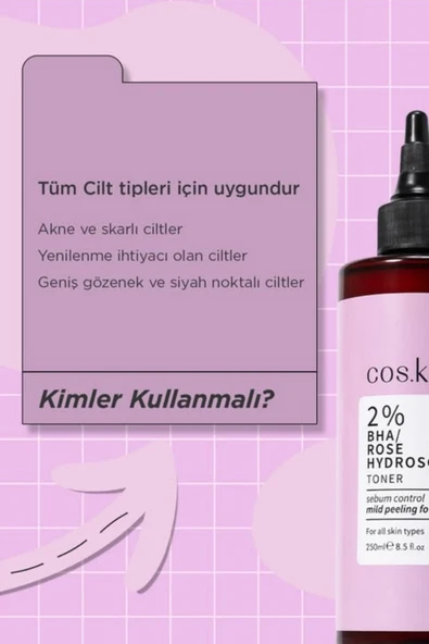 %2 BHA Gül Hidrosol Tonik 250 ml Gözenek Sıkılaştırıcı, Akne ve Siyah Nokta Karşıtı Yağ Dengeleyici - 3