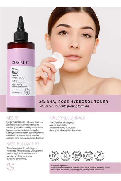 %2 BHA Gül Hidrosol Tonik 250 ml Gözenek Sıkılaştırıcı, Akne ve Siyah Nokta Karşıtı Yağ Dengeleyici - 2