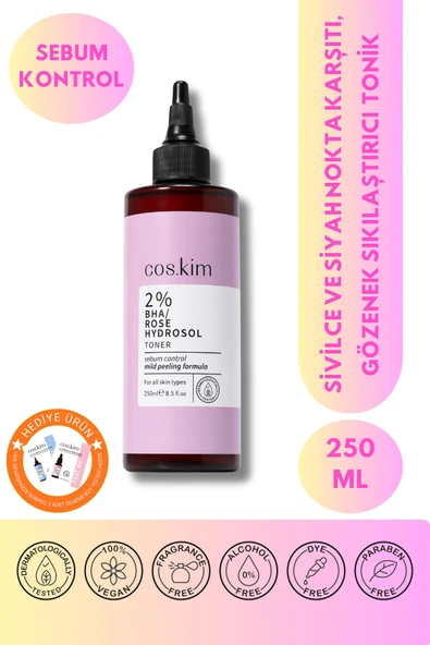 %2 BHA Gül Hidrosol Tonik 250 ml Gözenek Sıkılaştırıcı, Akne ve Siyah Nokta Karşıtı Yağ Dengeleyici