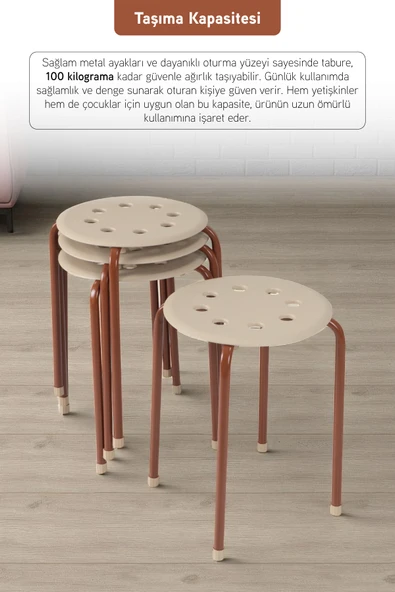 İronika Otto Metal Gövdeli Modern Tabure Mutfak Bahçe Taburesi - 4 Adet Krem - 3