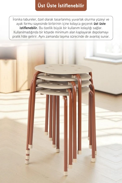 İronika Otto Metal Gövdeli Modern Tabure Mutfak Bahçe Taburesi - 4 Adet Krem - 2