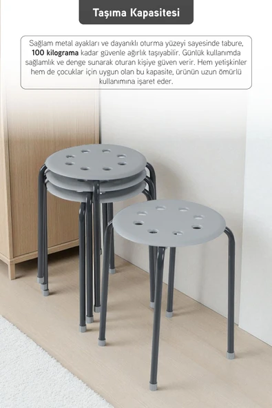 İronika Otto Metal Gövdeli Modern Tabure Mutfak Bahçe Taburesi - 4 Adet Gri - 3