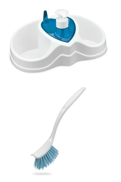 Bulaşık Temizlik Seti, Sünger Fırça Deterjan Bölmeli Bulaşık Deterjanlığı Sabunluk + Bulaşık Fırçası - Resim 2