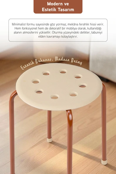 İronika Otto Metal Gövdeli Modern Tabure Mutfak Bahçe Taburesi - 4 Adet Krem - 5