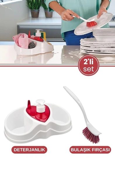 Bulaşık Temizlik Seti, Sünger Fırça Deterjan Bölmeli Bulaşık Deterjanlığı Sabunluk + Bulaşık Fırçası ürün görseli 1