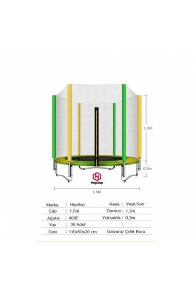 HEPİTOP Katlanabilir Ev Tipi Trambolin Fileli Korumalı Büyük Boy 140 Cm Çocuk Trampolini 5 Ft Trambolin - 2