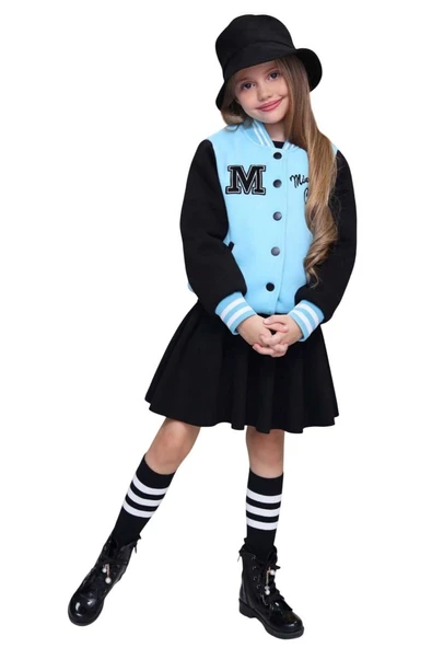 Kız Çocuk Düğme Detaylı Pamuklu Mavi Kolej Ceket Kadife Etekli Takım - Resim 5