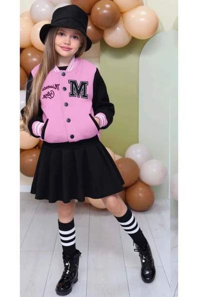 Kız Çocuk Düğme Detaylı Pamuklu Pembe Kolej Ceket Kadife Etekli Takım - Resim 4
