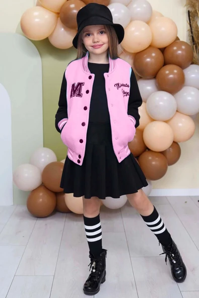Kız Çocuk Düğme Detaylı Pamuklu Pembe Kolej Ceket Kadife Etekli Takım ürün görseli