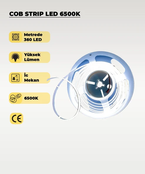 12V COB Şerit Led Beyaz Işık  - Metrede 360 Led - 5 Metre - 1