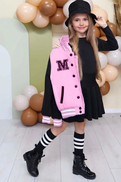 Kız Çocuk Düğme Detaylı Pamuklu Pembe Kolej Ceket Kadife Etekli Takım - Resim 2