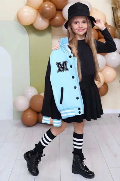 Kız Çocuk Düğme Detaylı Pamuklu Mavi Kolej Ceket Kadife Etekli Takım - Resim 4