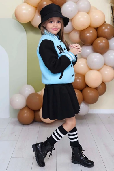 Kız Çocuk Düğme Detaylı Pamuklu Mavi Kolej Ceket Kadife Etekli Takım - Resim 2