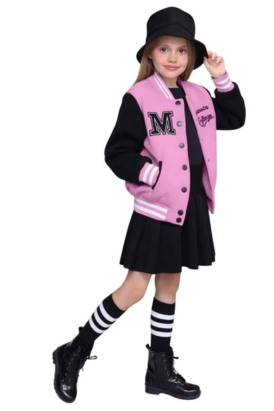 Kız Çocuk Düğme Detaylı Pamuklu Pembe Kolej Ceket Kadife Etekli Takım - Resim 7