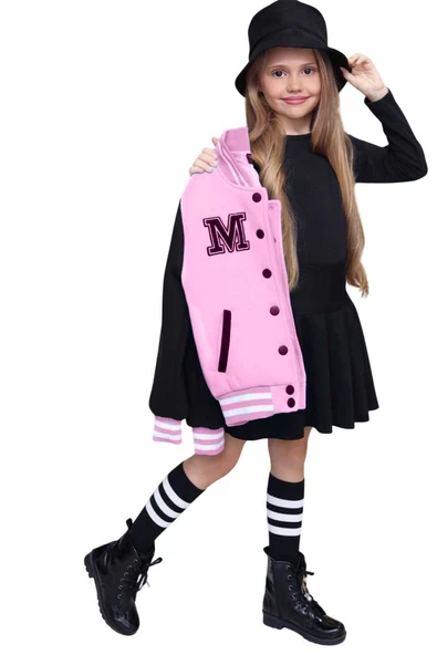 Kız Çocuk Düğme Detaylı Pamuklu Pembe Kolej Ceket Kadife Etekli Takım - Resim 6