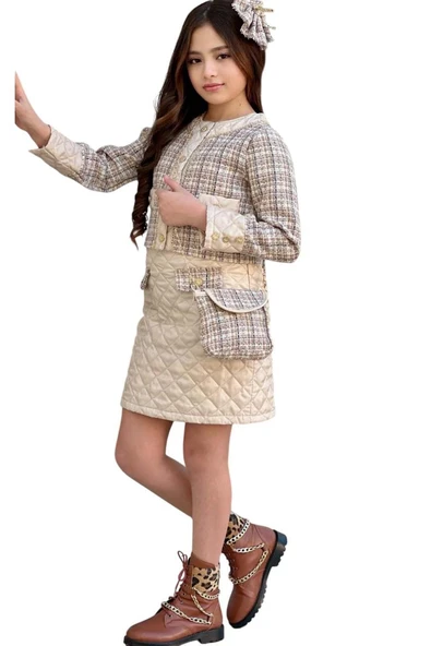 Kız Çocuk Gold Şerit ve Kapitone Detaylı Şanel Kumaş Bej Etekli Takım - Resim 6