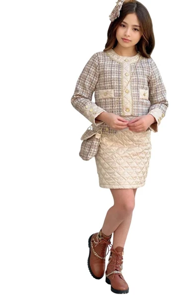 Kız Çocuk Gold Şerit ve Kapitone Detaylı Şanel Kumaş Bej Etekli Takım - Resim 5