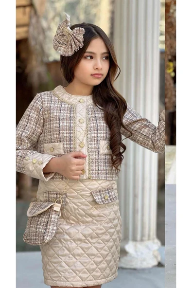 Kız Çocuk Gold Şerit ve Kapitone Detaylı Şanel Kumaş Bej Etekli Takım - Resim 4