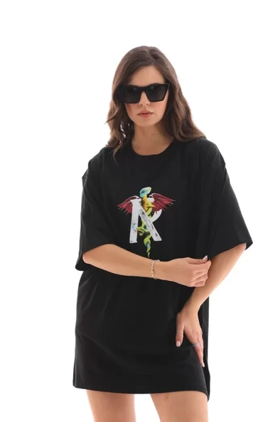 Unisex Bisiklet Yaka Baskılı Oversize T-Shirt - Siyah - Resim 3