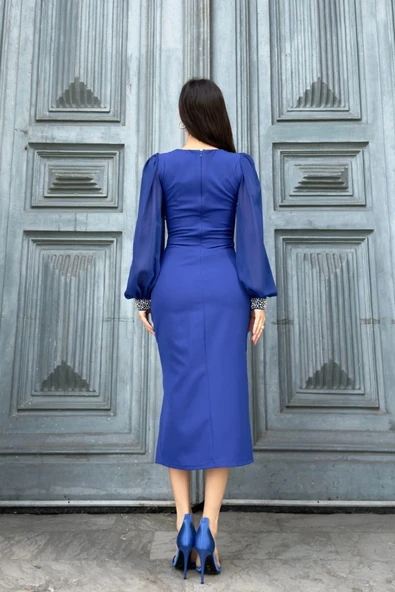 İnci Süsleme Detaylı Yırtmaçlı Abiye Elbise 2223-Saks - Resim 6