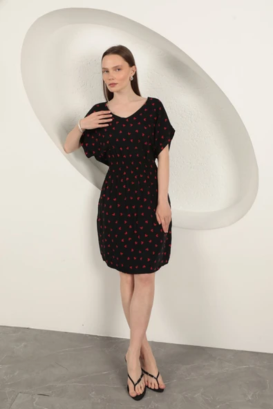 Viskon Kumaş Kalp Desenli Elbise-Siyah ürün görseli