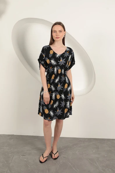 Viskon Ananas Desenli Elbise-Siyah - Resim 2