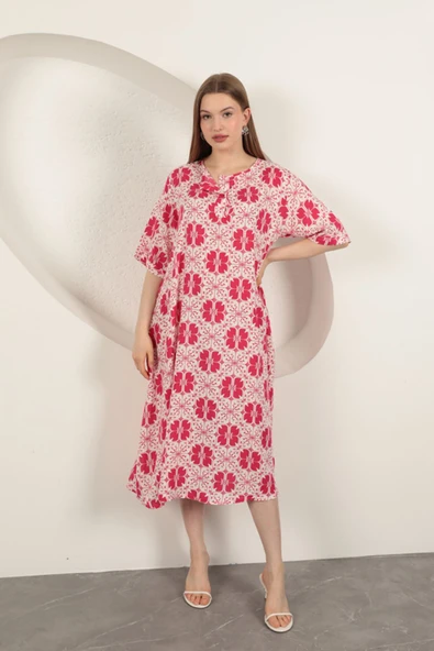 Viskon Kumaş Desenli Elbise-Fuşya ürün görseli