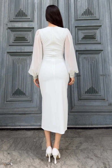 İnci Süsleme Detaylı Yırtmaçlı Abiye Elbise 2223-Beyaz - Resim 6