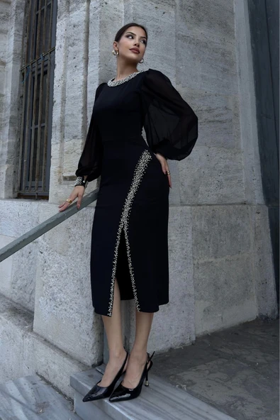 İnci Süsleme Detaylı Yırtmaçlı Abiye Elbise 2223-Siyah - Resim 3