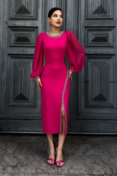 İnci Süsleme Detaylı Yırtmaçlı Abiye Elbise 2223-Fuşya - Resim 3