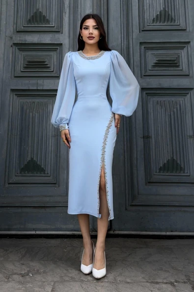 İnci Süsleme Detaylı Yırtmaçlı Abiye Elbise 2223-Bebe Mavisi - Resim 5