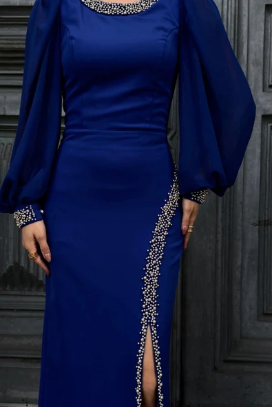 İnci Süsleme Detaylı Yırtmaçlı Abiye Elbise 2223-Saks - Resim 5