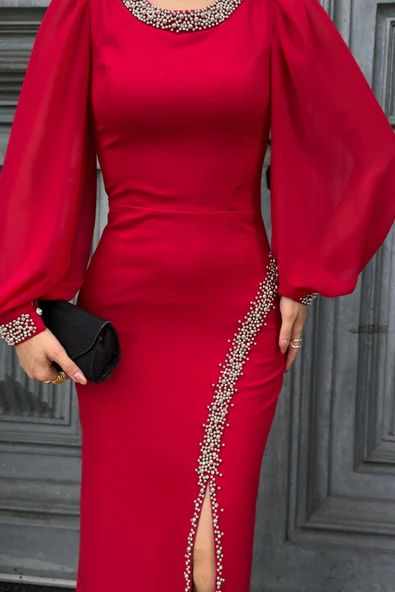 İnci Süsleme Detaylı Yırtmaçlı Abiye Elbise 2223-Kırmızı - Resim 5