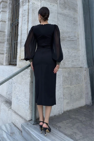 İnci Süsleme Detaylı Yırtmaçlı Abiye Elbise 2223-Siyah - Resim 5