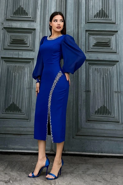 İnci Süsleme Detaylı Yırtmaçlı Abiye Elbise 2223-Saks - Resim 4