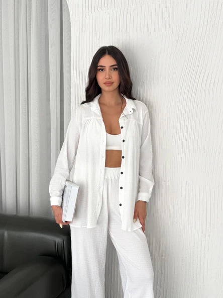 Yakalı Düğmeli Uzun Kollu Gömlek Pantolon Ikili Takım - Beyaz - 3