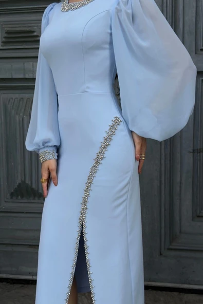 İnci Süsleme Detaylı Yırtmaçlı Abiye Elbise 2223-Bebe Mavisi - Resim 4