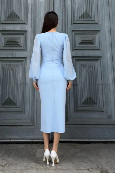 İnci Süsleme Detaylı Yırtmaçlı Abiye Elbise 2223-Bebe Mavisi - Resim 6