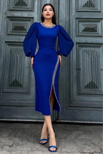 İnci Süsleme Detaylı Yırtmaçlı Abiye Elbise 2223-Saks - Resim 2