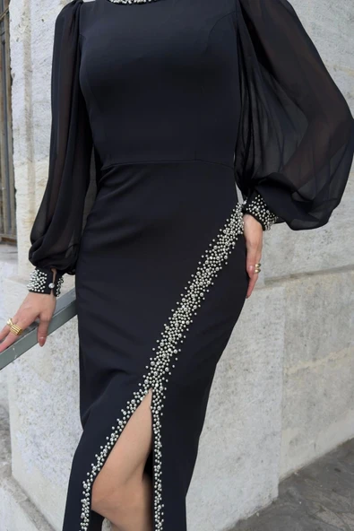 İnci Süsleme Detaylı Yırtmaçlı Abiye Elbise 2223-Siyah - Resim 4