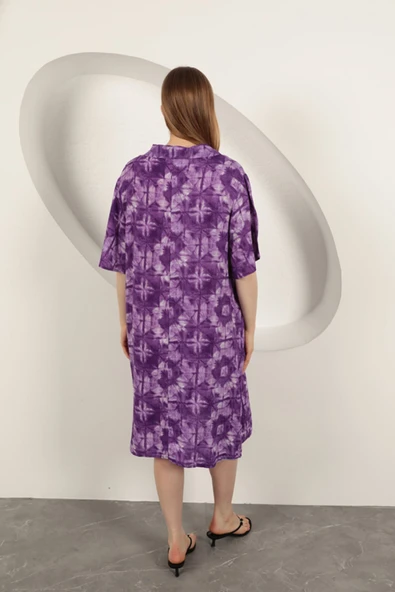 Viskon Desenli Elbise-Mor - Resim 2