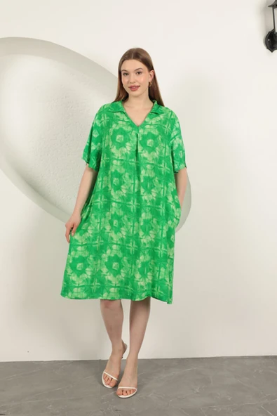 Viskon Desenli Elbise-Yeşil ürün görseli