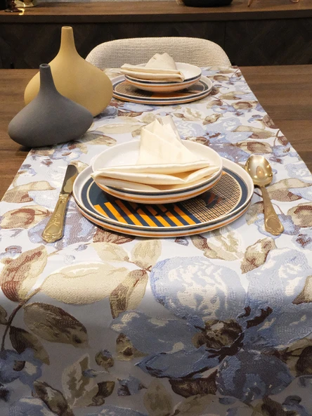 Jakarlı Dokuma Dekoratif Runner 45x140 Cm Mavi Çiçekli ürün görseli