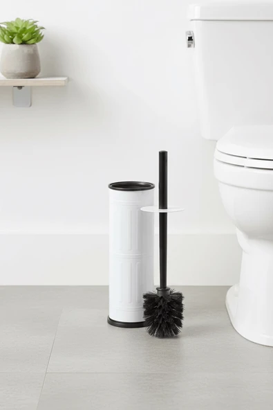 Vintage Beyaz WC Tuvalet Fırçası – Metal Kapalı Hazneli Stand, (8,5 x 36 cm) Ergonomik Sap, Hijyenik - Resim 4