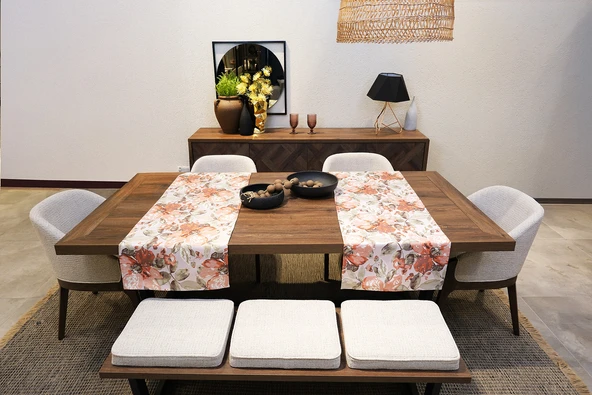 Jakarlı Dokuma Dekoratif Runner 45x140 cm Kiremit Renkli Çiçekli ürün görseli