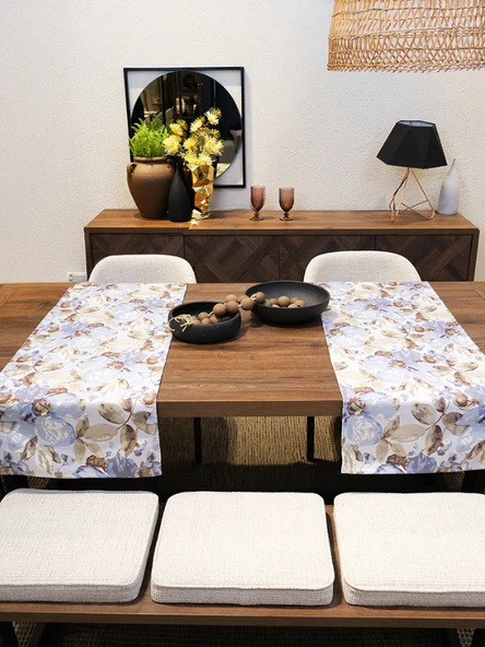 Jakarlı Dokuma Dekoratif Runner 45x140 Cm Mavi Çiçekli - Resim 3