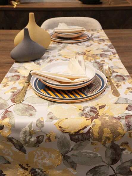 LOOM & LAUREL Jakarlı Dokuma Dekoratif Runner 45x140 cm Sarı Çiçekli - Resim 5