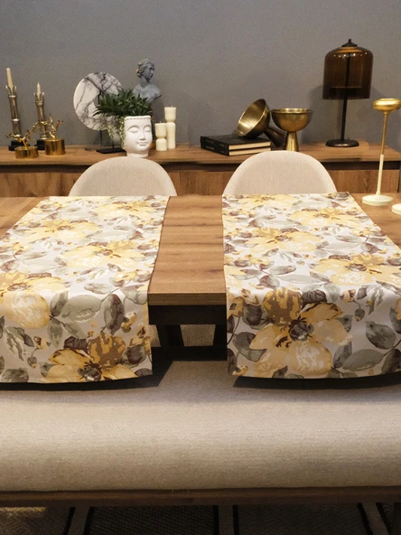 LOOM & LAUREL Jakarlı Dokuma Dekoratif Runner 45x140 cm Sarı Çiçekli - Resim 3